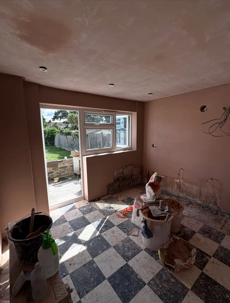 A kitchen room in Rainham boarded and skimmed, ready for the new kitchen